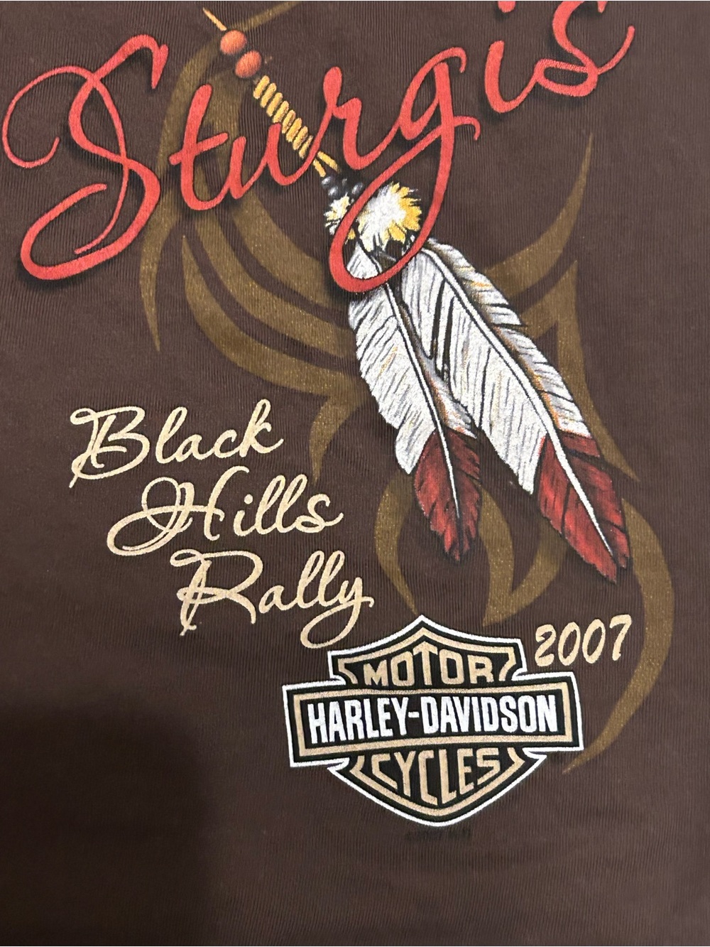VTG Harley-Davidson Brown Tee with Red and Cream Feather Graphic